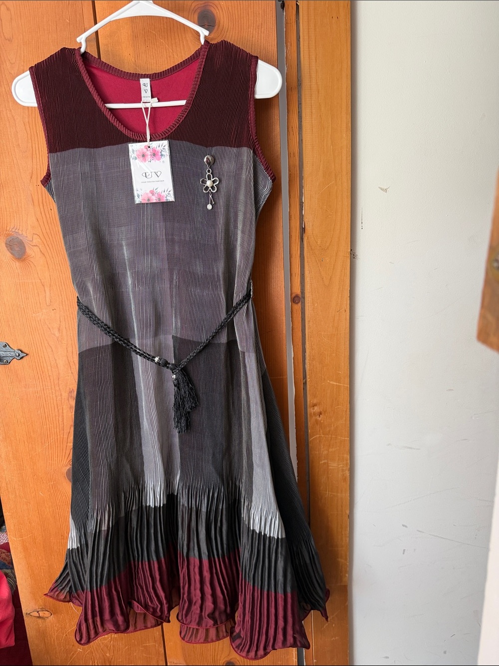 Source Unknown Pleated Midi Dress in Burgundy and Gray